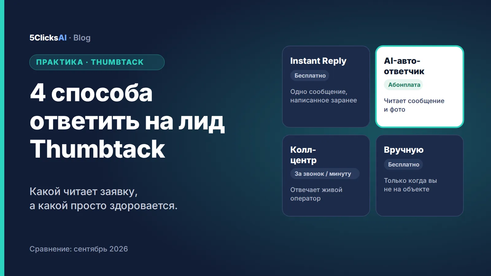 Баннер статьи: Thumbtack Instant Reply, ИИ-автоответчик, служба ответов или ответ вручную: что выбрать